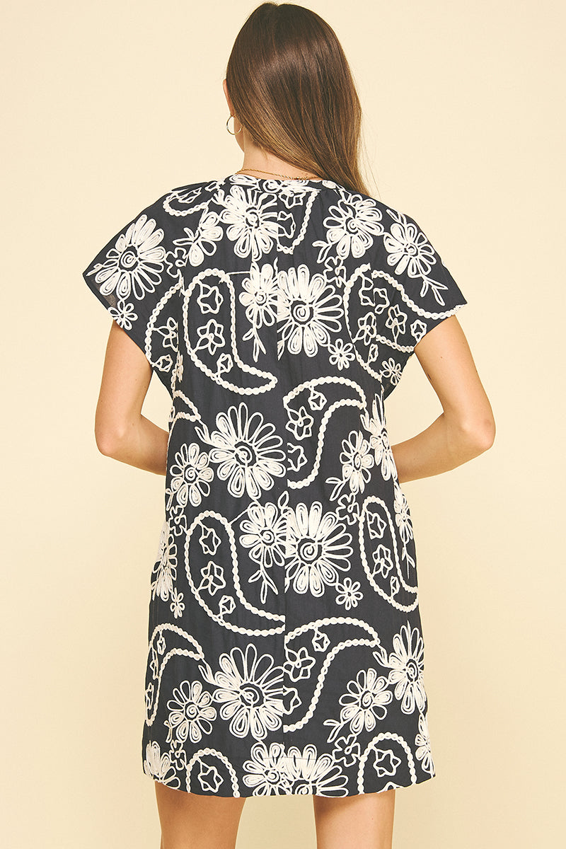 Tonal Ribbon Floral Print Flutter Dress Navy
