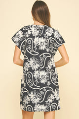 Tonal Ribbon Floral Print Flutter Dress Navy
