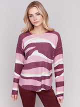 Wavy Print Reversible Dist. Hem Plush Sweater Burgundy