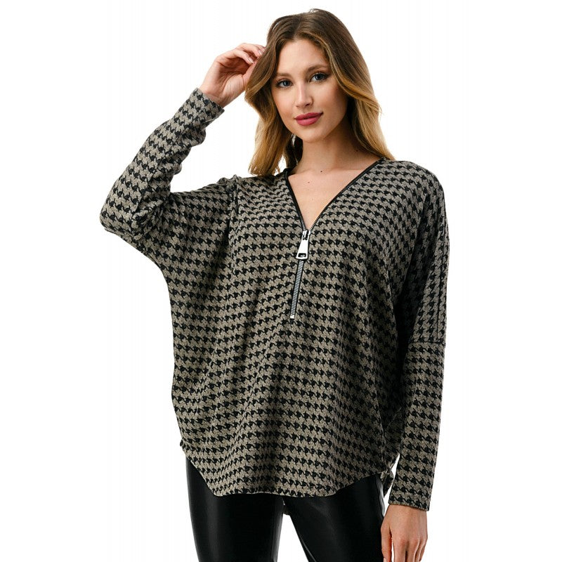 Dolman Zipper Top Taupe Houndstooth