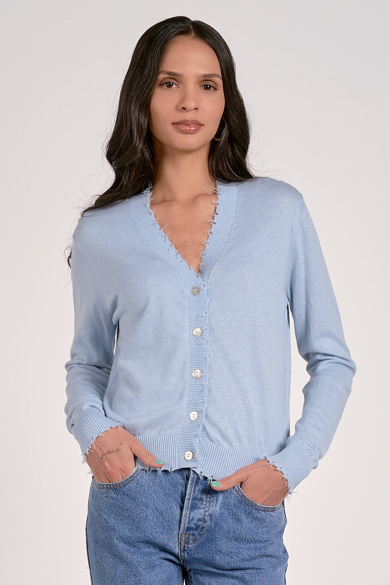 Frayed Hem Button Up Cardi Light Blue