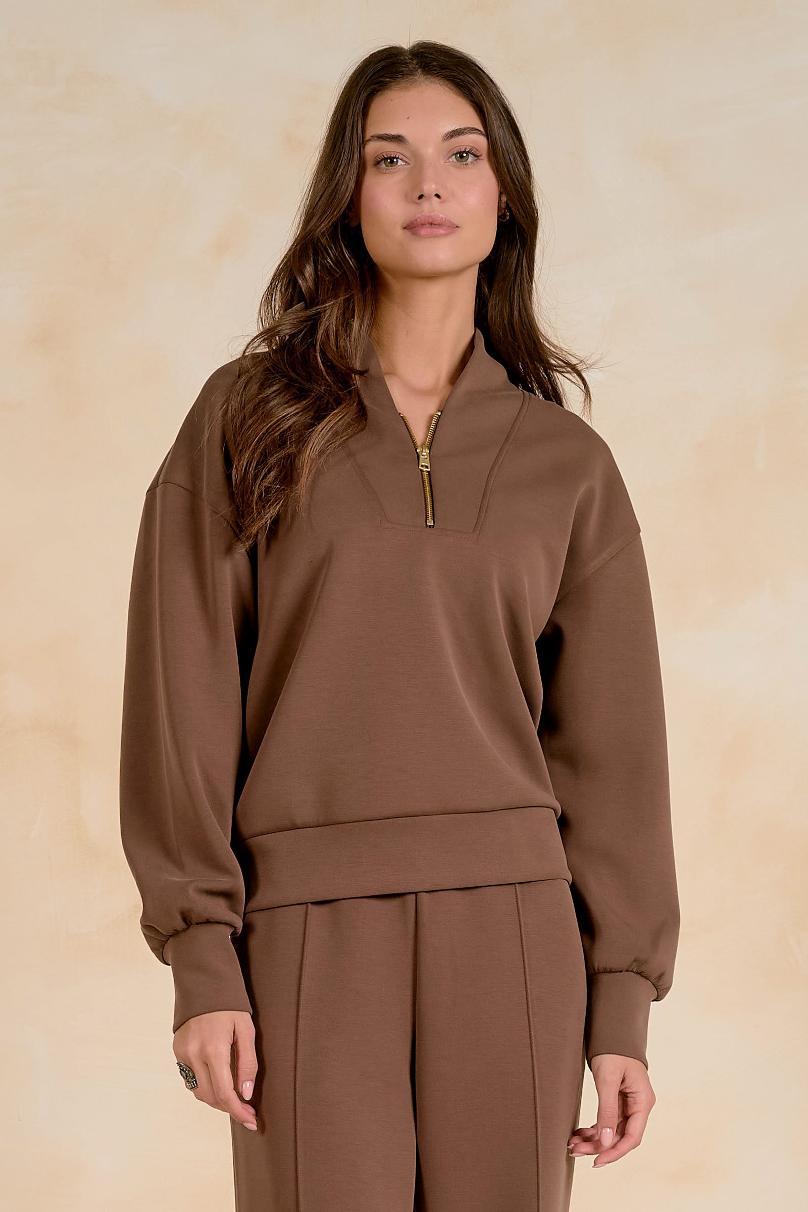 3/4 Zip Collarless Pullover Light Brown