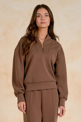 3/4 Zip Collarless Pullover Light Brown