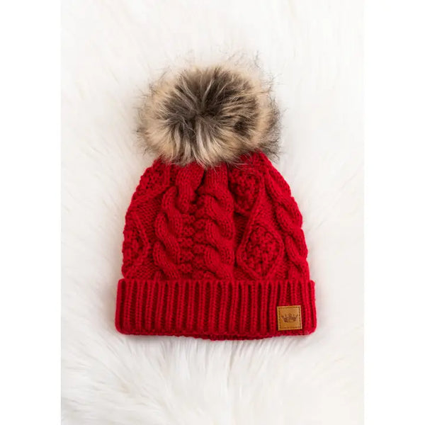 Cable Knit Natural Pom Hat Red