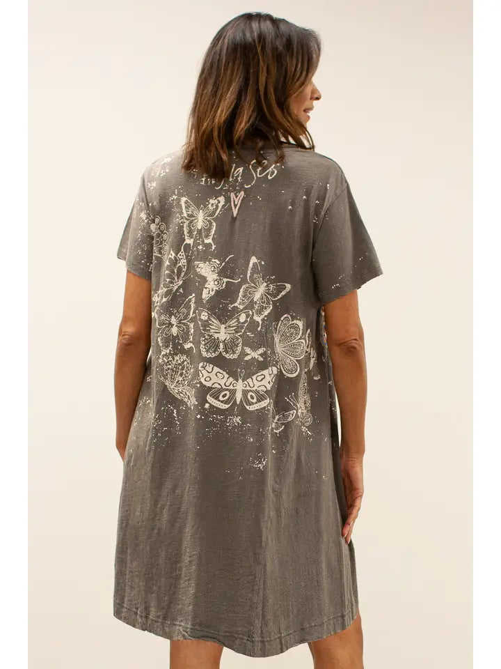 Bowie Free Butterfly Tshirt Dress Dark Grey
