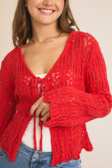 Front Tie Bell Sleeve Open Knit Cardi Berry