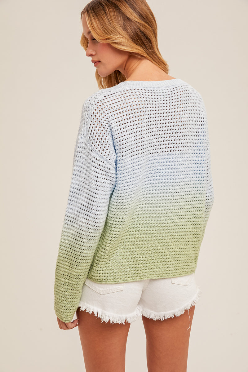 Ombre Open Knit Crew Neck Sweater Light Blue + Mint