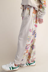 Floral Print Mix Washed Terry Pants Khaki