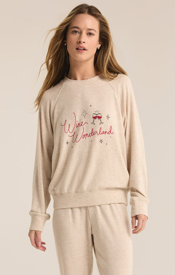 Cassie Wine Wonderland Long Sleeve Top Light Oatmeal Heather