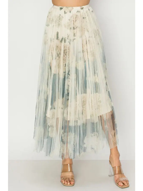 Floral Gradient Mesh Pleated Maxi Skirt