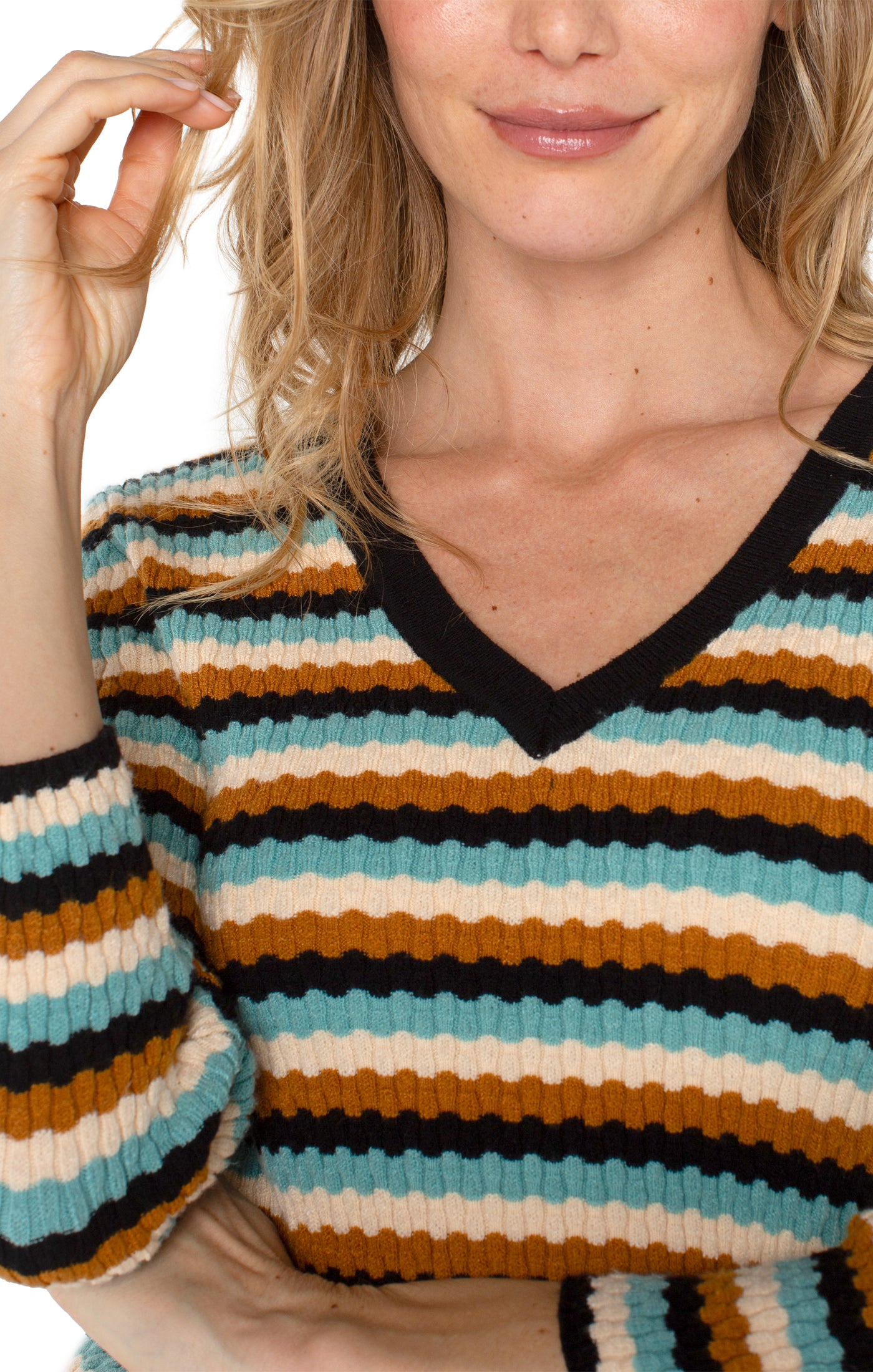 3/4 Sleeve Vneck Stripe Sweater Ocean Multi Stripe