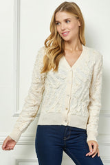 Wavy Knit Mixed Pearls Cardi Cream