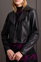 Notch Collar Crop Leather Biker Jacket Black