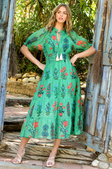 Bubble Ruffle Sleeve Tassel Tie Tiered Flower Print Dress Green