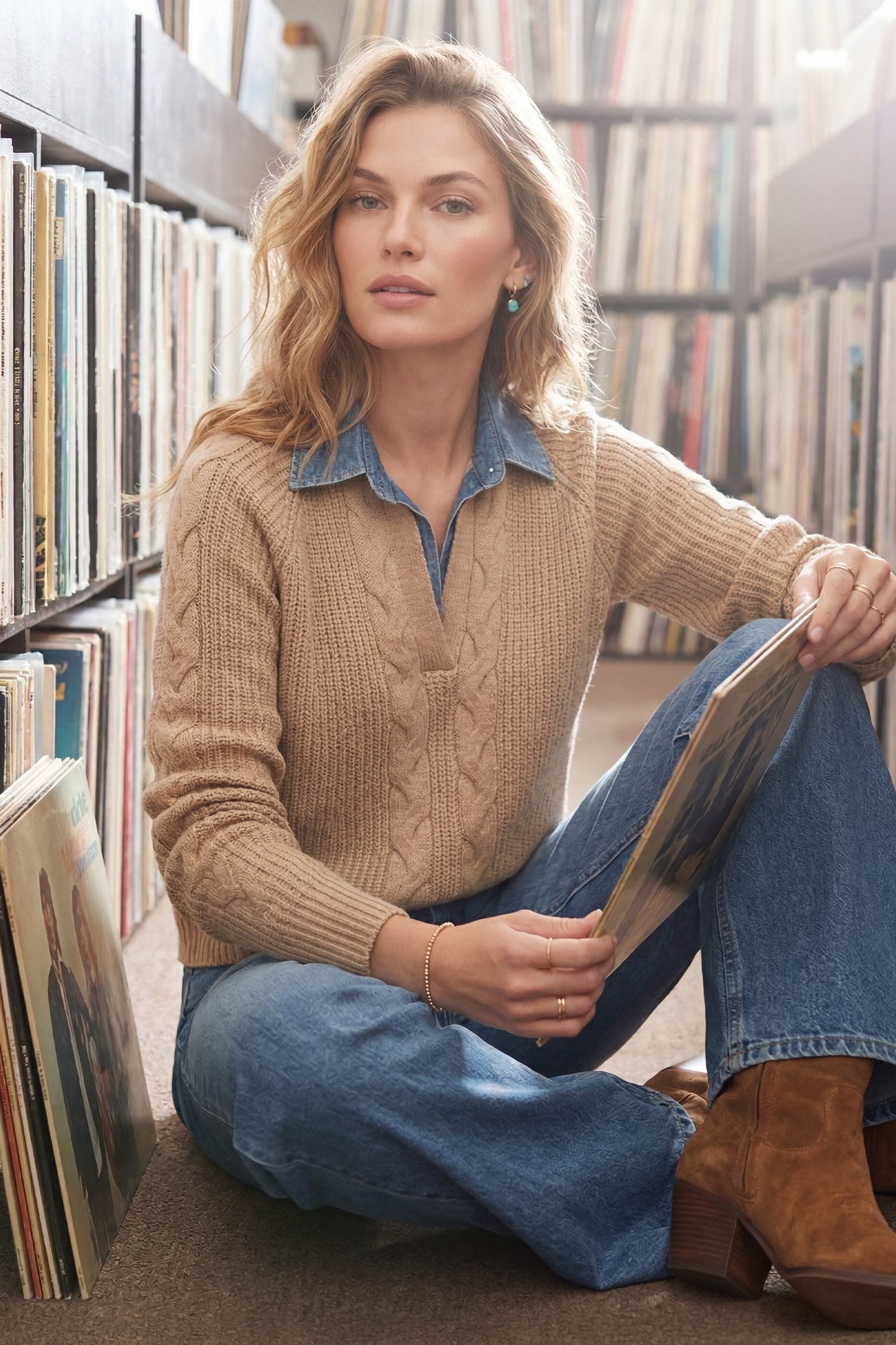 Washed Denim Collared Sweater Top Taupe