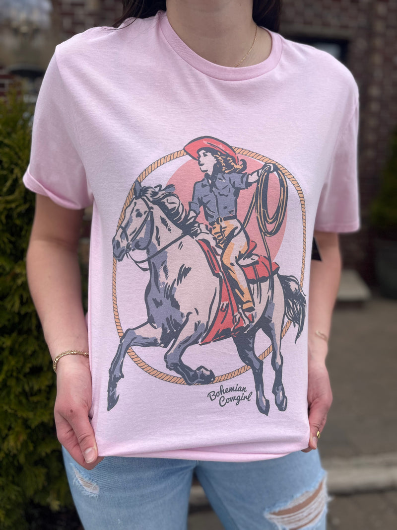 Roping Cowgirl Long Crop Graphic Tee Light Pink