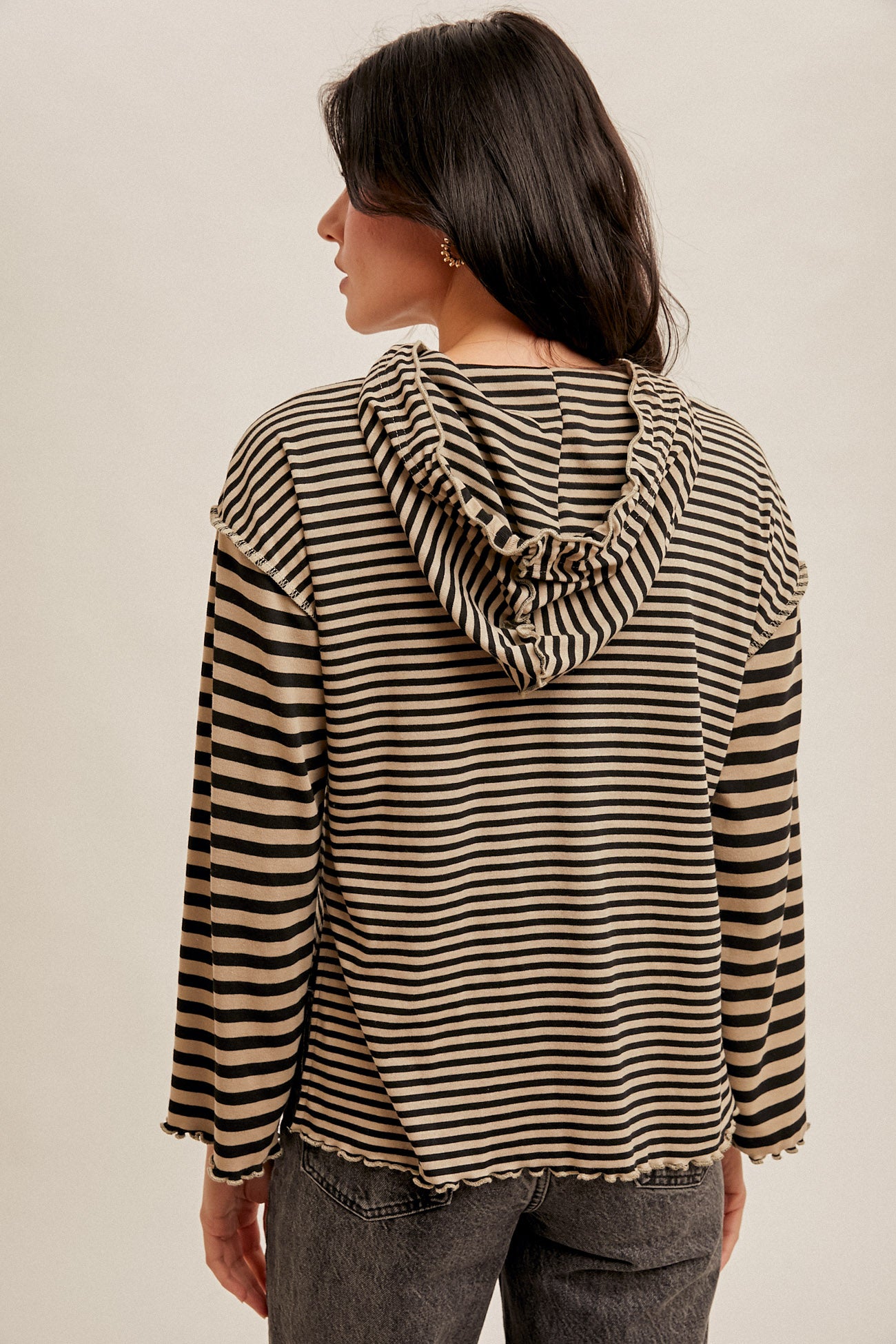 Mixed Stripe Lettuce Hem Hoodie Top Black