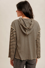 Mixed Stripe Lettuce Hem Hoodie Top Black