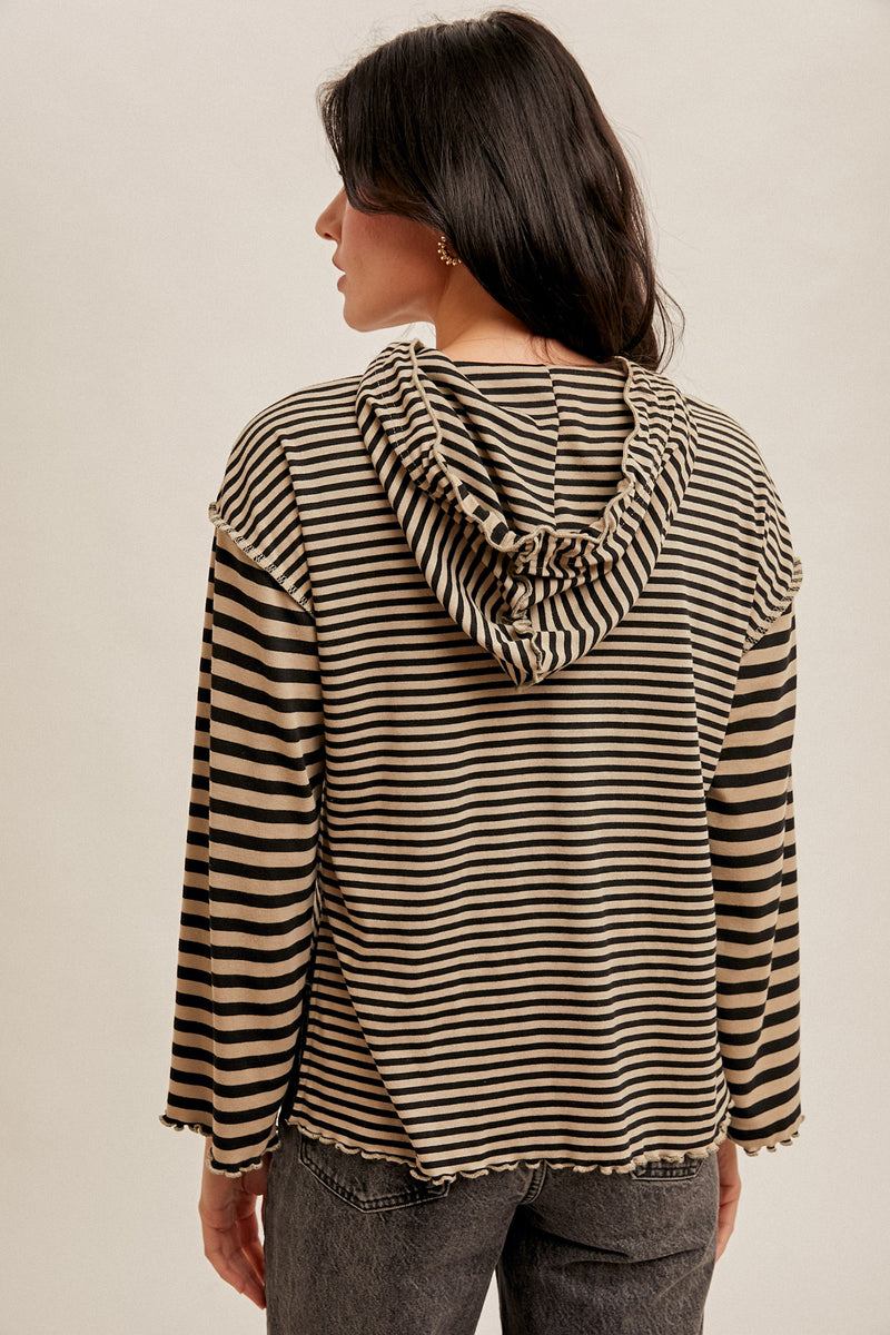 Mixed Stripe Lettuce Hem Hoodie Top