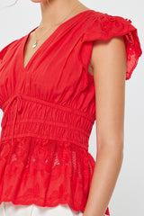 Embroidered Vneck Peplum Top Red