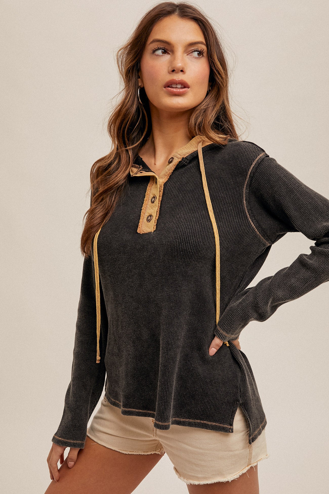 Snow Wash Thermal Hoodie Top Black