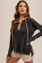 Snow Wash Thermal Hoodie Top Black