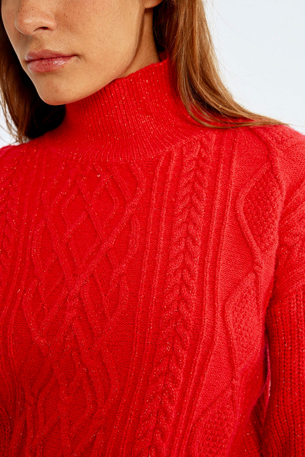 Mix Cable Knit Turtleneck Sweater Red