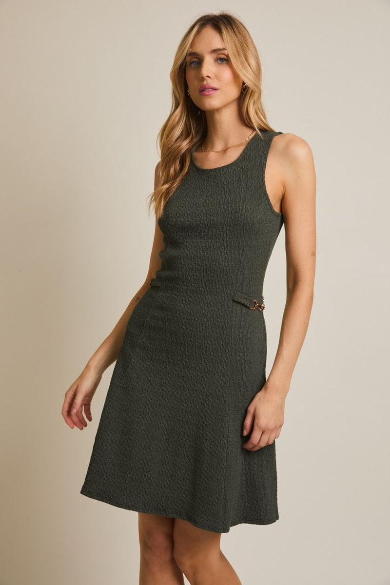 Round Neck Sleeveless Buckle Detail Mini Dress Dark Olive