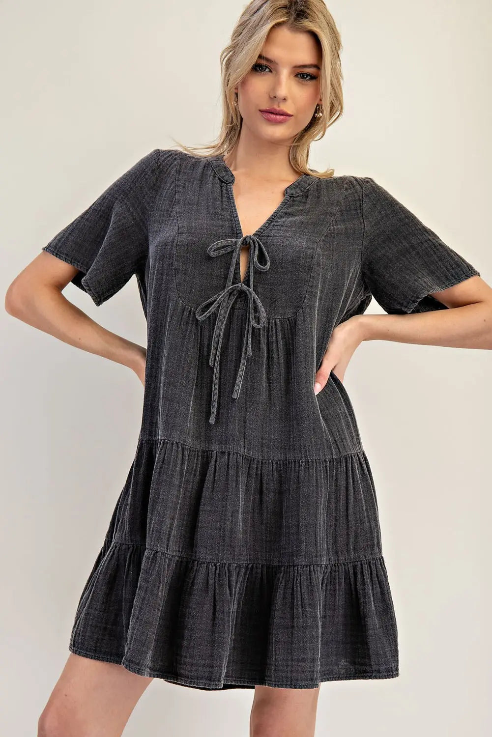 Mineral Washed Double Tie Cotton Gauze Dress Black