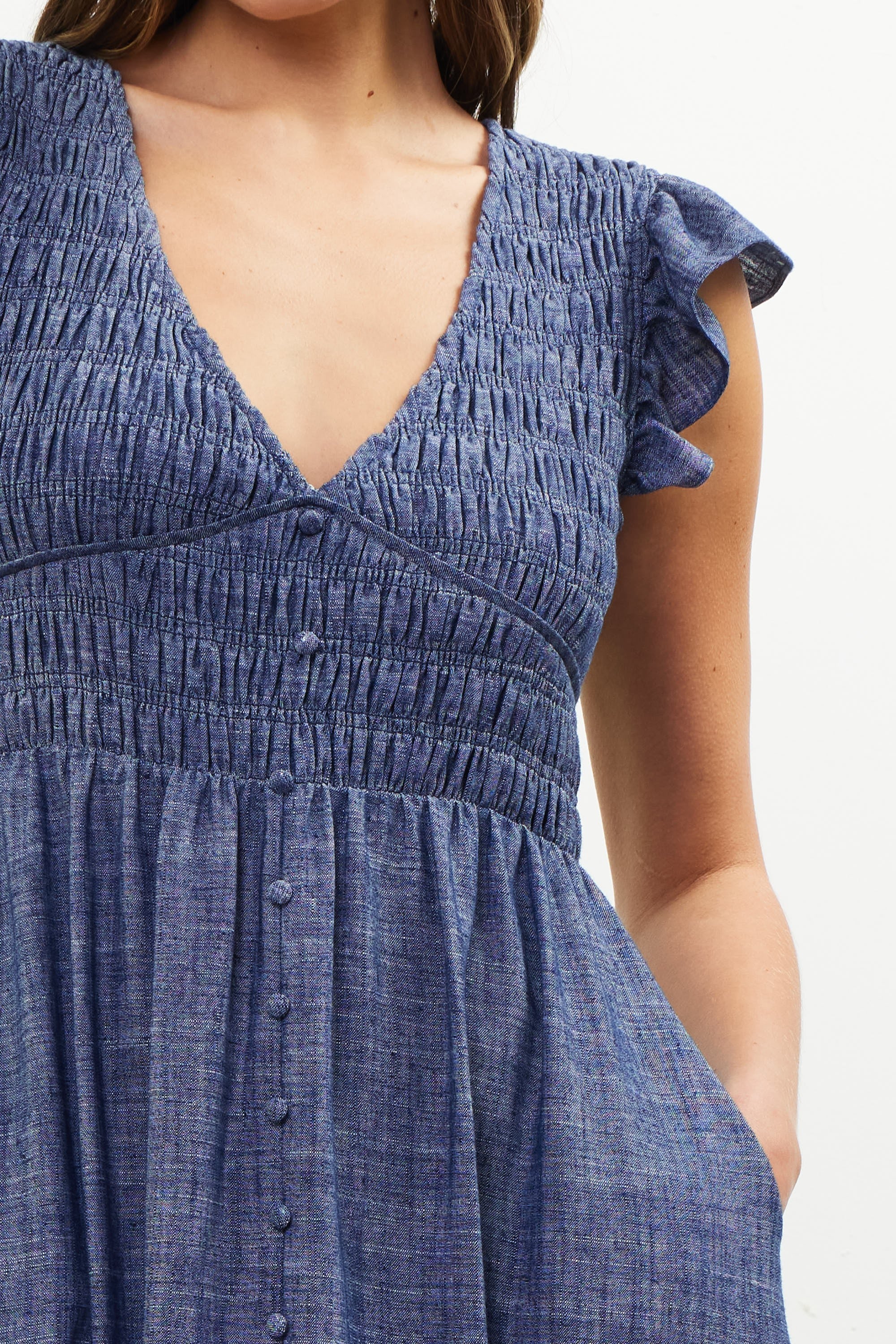 Smocked Bodice Tiered Button Detail Maxi Dress Denim Blue