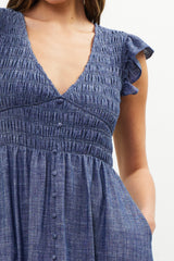 Smocked Bodice Tiered Button Detail Maxi Dress Denim Blue