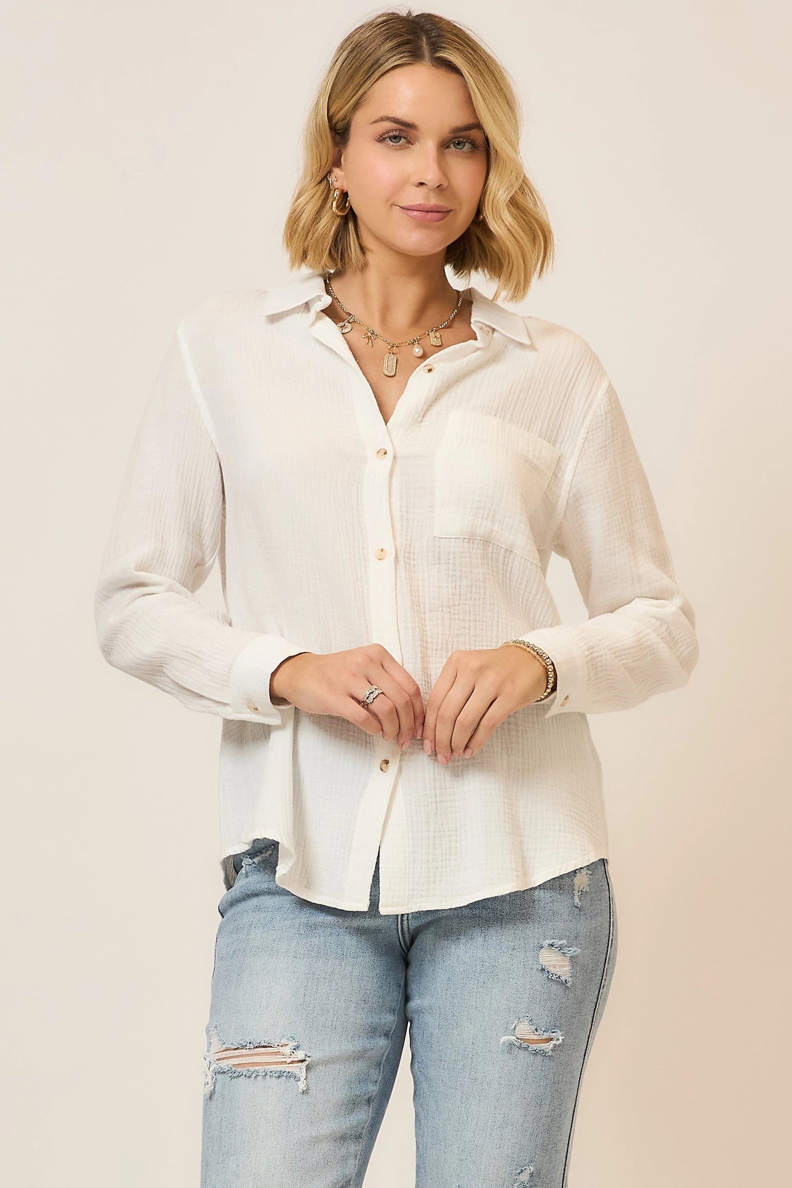 Light Textured Cotton Long Sleeve Top Off White