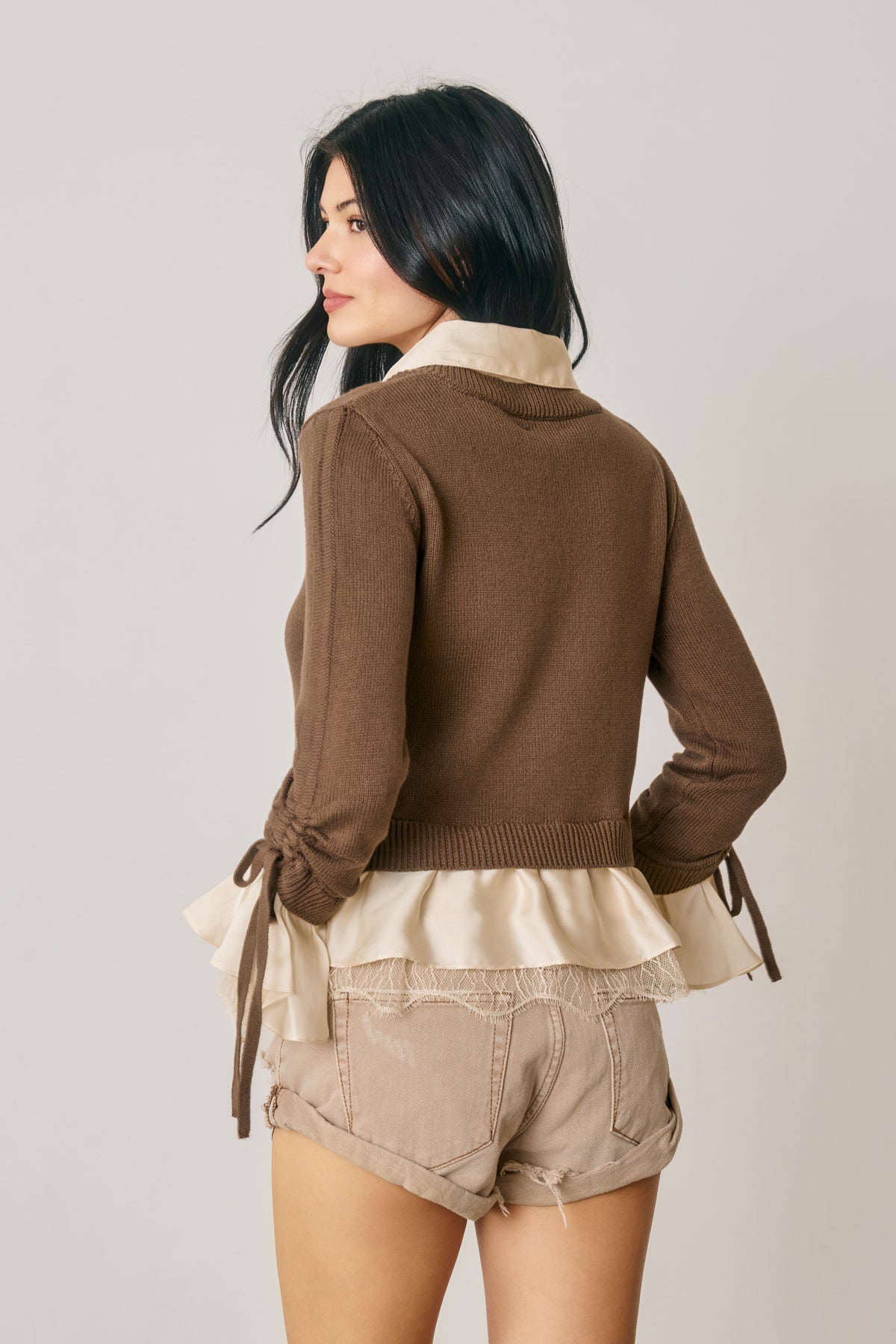 Satin Lace Shirt Tie Sleeve Sweater Brown + Champagne