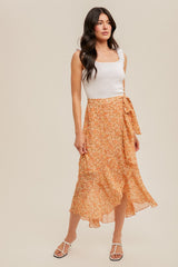 Floral Asymmetric Ruffle Belted Midi Skirt Coral