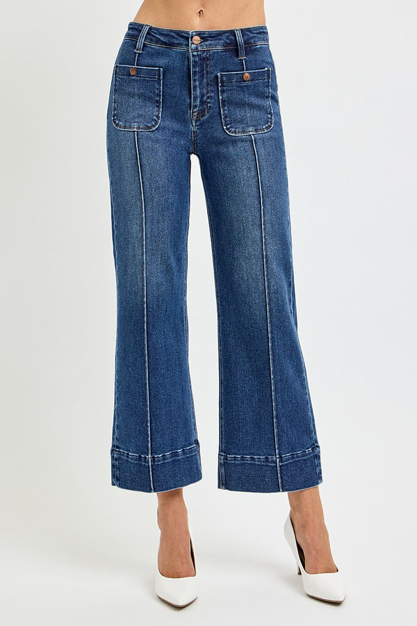 High Rise Pintuck Patch Pocket Crop Wide Leg Jeans Dark