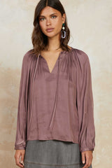 Split Neck Self Tie Satin Long Sleeve Blouse Mauve Brown