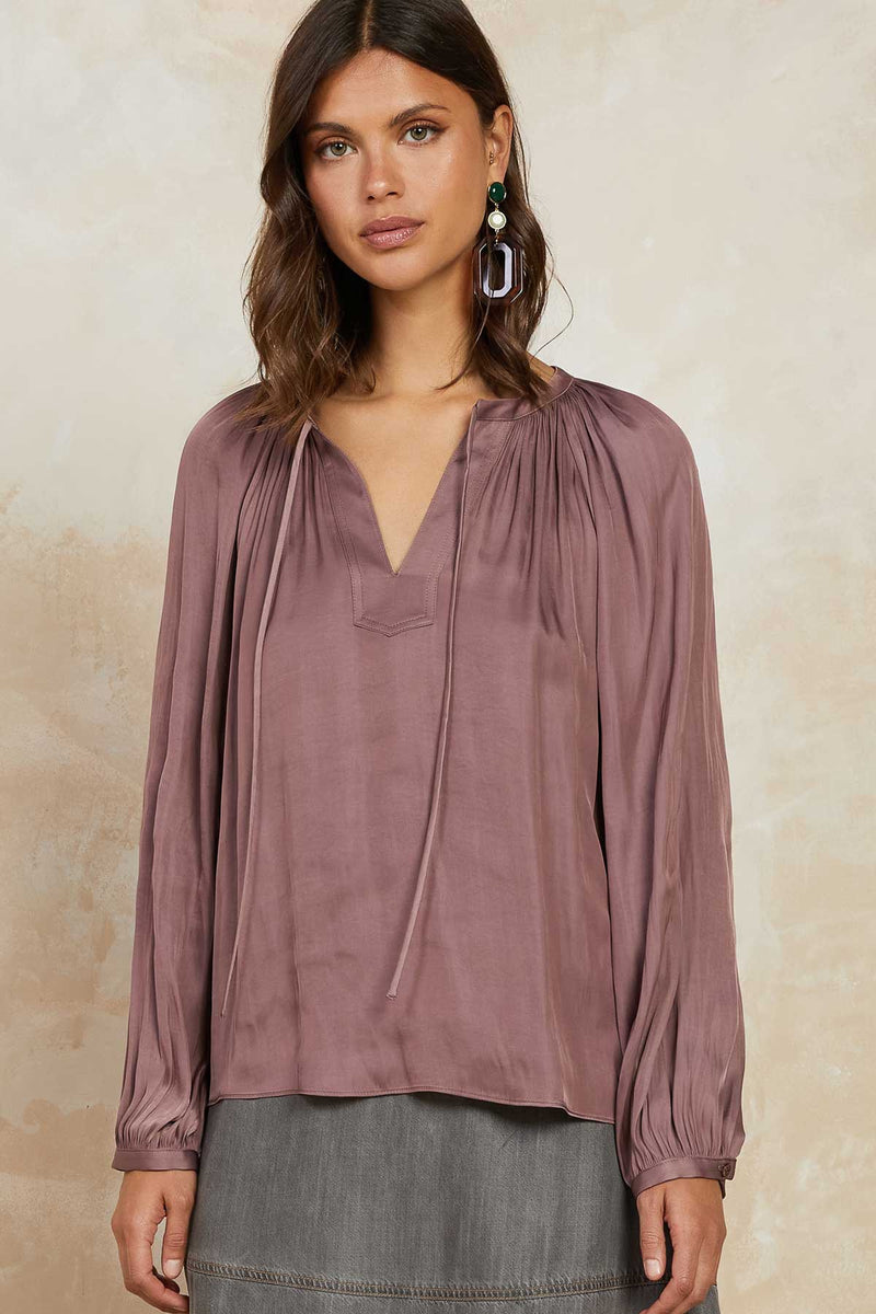 Split Neck Self Tie Satin Long Sleeve Blouse Mauve Brown