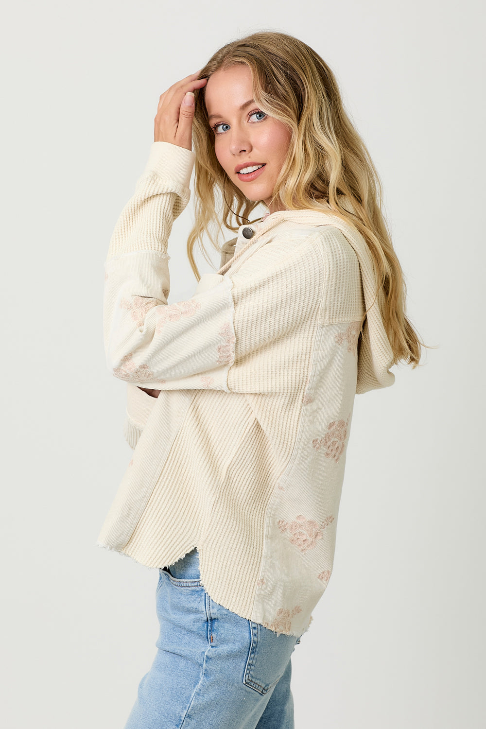 Flower Emb. Waffle Corduroy Mix Hoodie Jacket