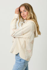 Flower Emb. Waffle Corduroy Mix Hoodie Jacket