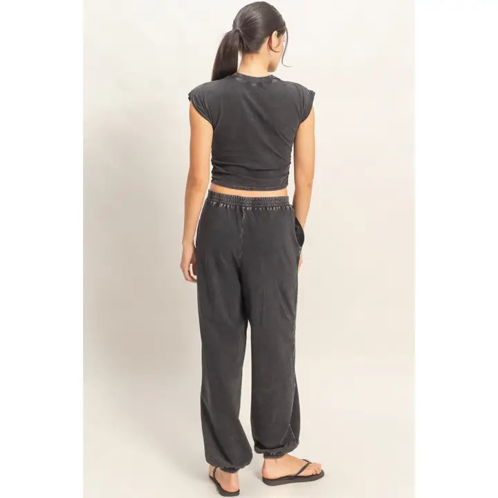 Rolled Sleeve Wrap Front Crop Top Jogger Set Black