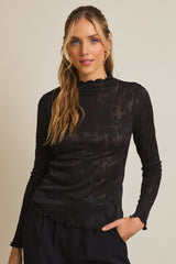Mock Neck Long Sleeve Sheer Lace Top Black