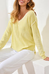 Washed Vneck Exposed Seam Sweater Top Lemon Grass
