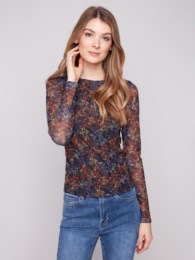 Gathered Sides Printed Mesh Long Sleeve Top Floret
