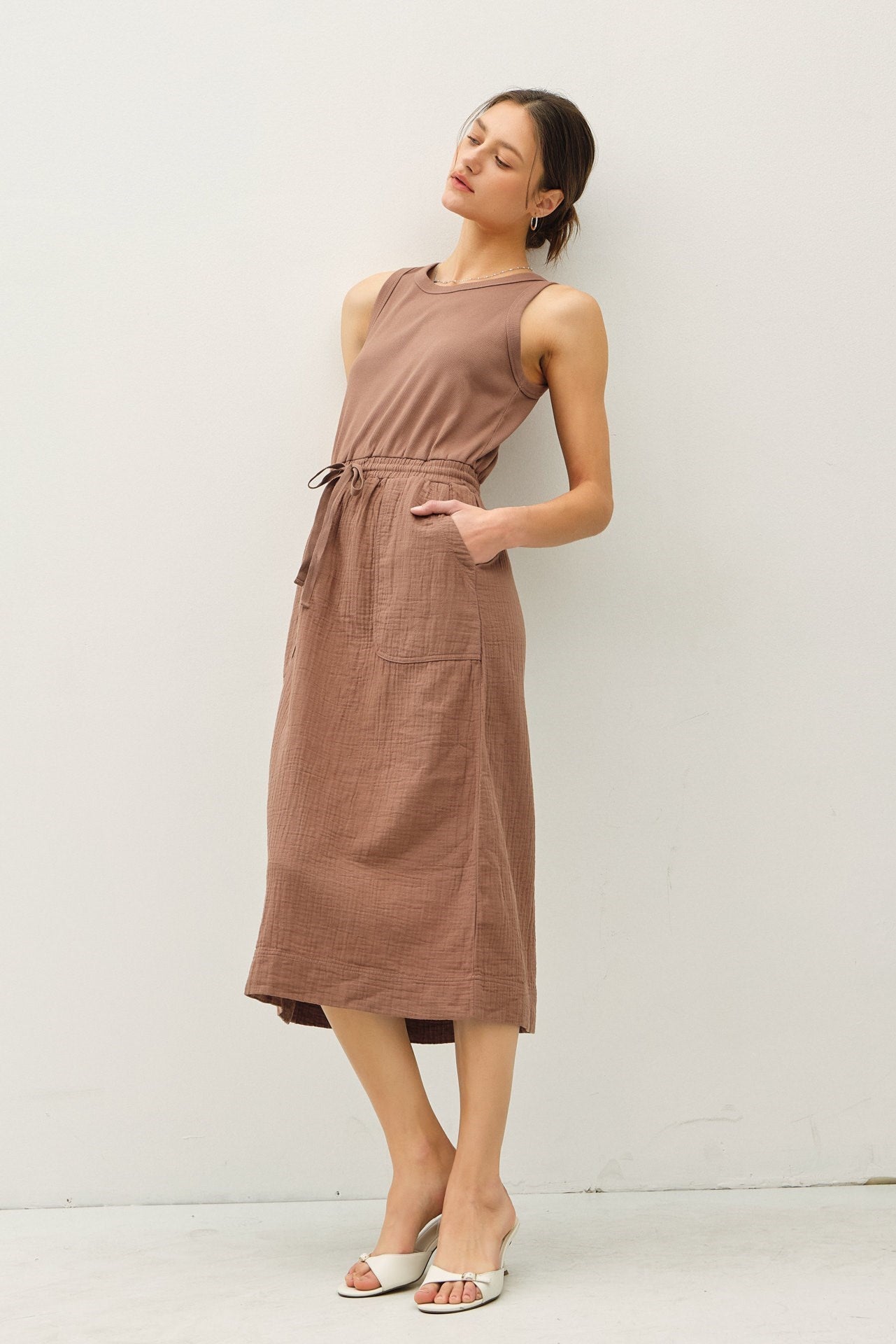 Cotton Tank Gauze Skirt Tie Waist Midi Dress Mocha