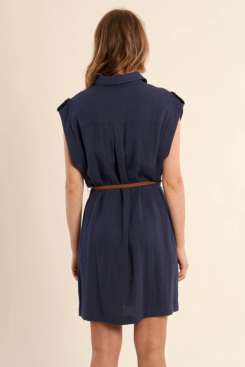 Denim Belted Cap Sleeve Button Down Dress Navy Blue