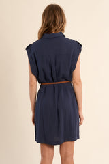 Denim Belted Cap Sleeve Button Down Dress Navy Blue