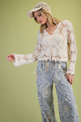 Crochet Button Down Tassel Tie Cardigan Khaki
