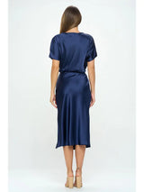 Satin Stretch Midi Skirt Slit Dress Navy