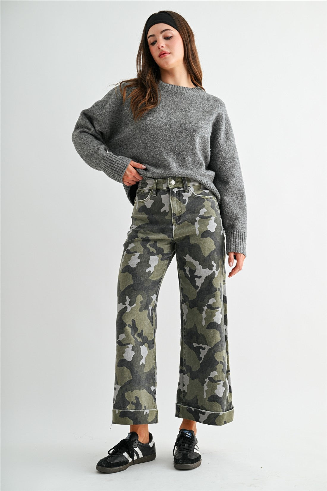 High Rise Wide Leg Crop Camo Cuffed Hem Pants Amulet Green