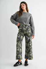 High Rise Wide Leg Crop Camo Cuffed Hem Pants Amulet Green